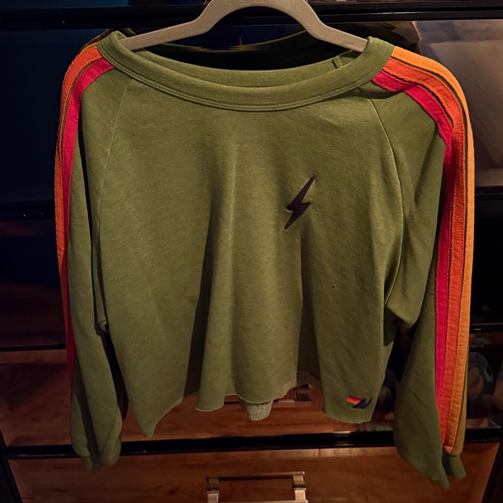 Aviator Nation Olive Sweatshirt with Multicolor Stripes
